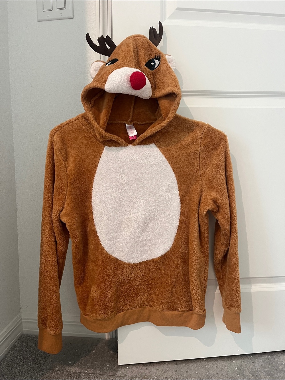 No Boundaries Brown Reindeer Hoodie with White Belly and Red Nose